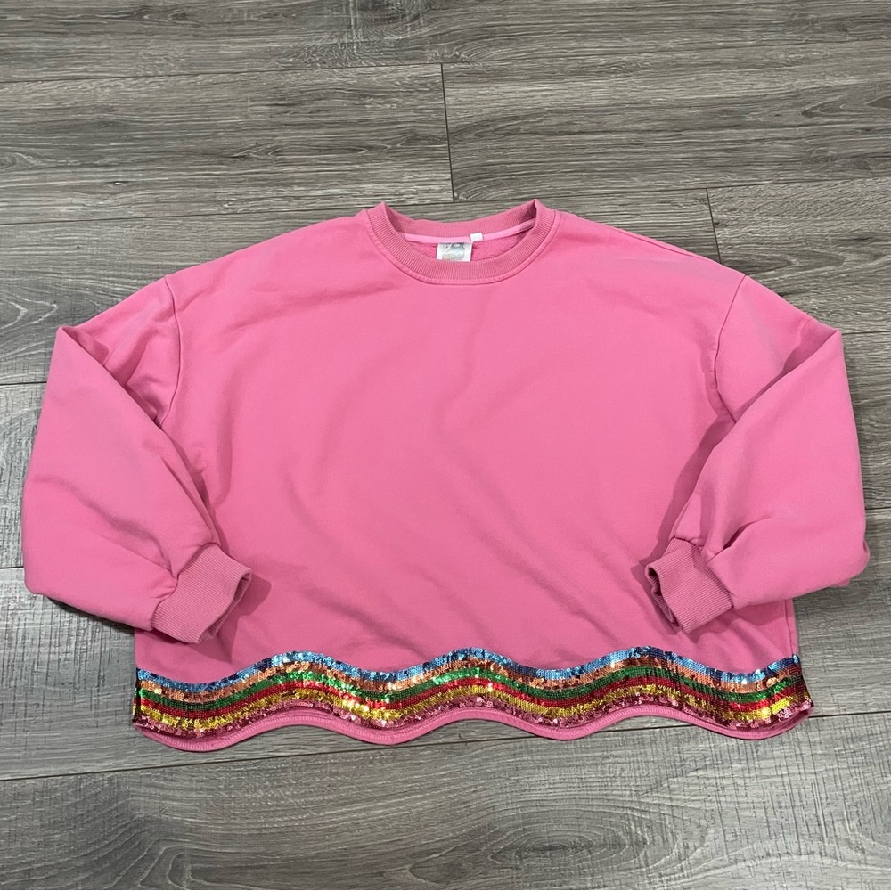 Queen Of Sparkles Pink Sequin Rainbow Trim Sweatshirt Size Small